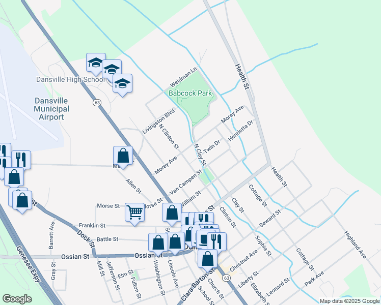 map of restaurants, bars, coffee shops, grocery stores, and more near 22 Morey Avenue in Dansville