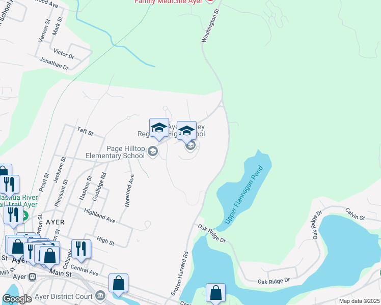map of restaurants, bars, coffee shops, grocery stores, and more near 141 Washington Street in Ayer