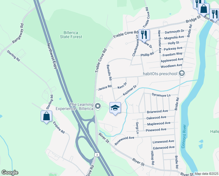 map of restaurants, bars, coffee shops, grocery stores, and more near 13 Janice Road in Billerica