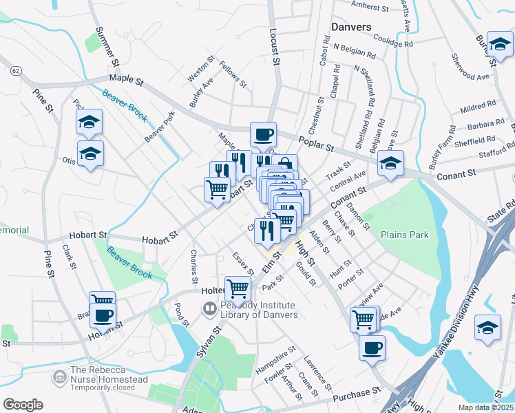 map of restaurants, bars, coffee shops, grocery stores, and more near 5 Charter Street in Danvers