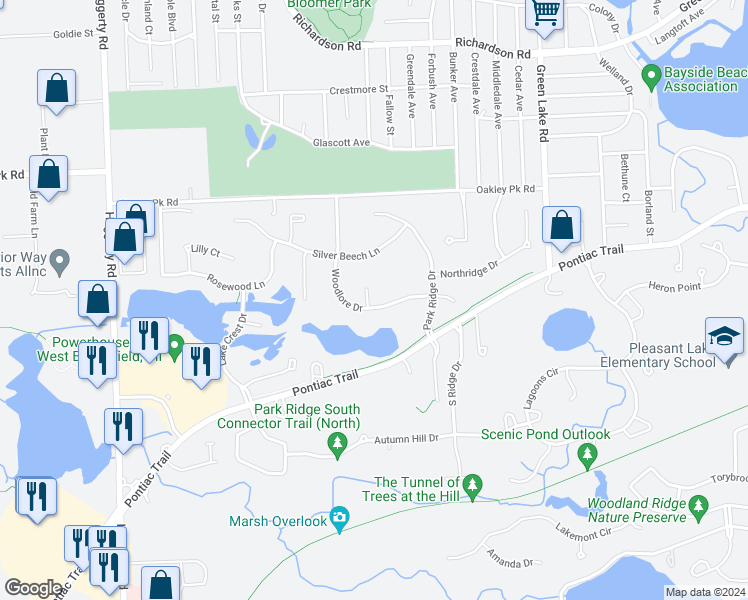 map of restaurants, bars, coffee shops, grocery stores, and more near 7234 Woodlore Drive in West Bloomfield Township