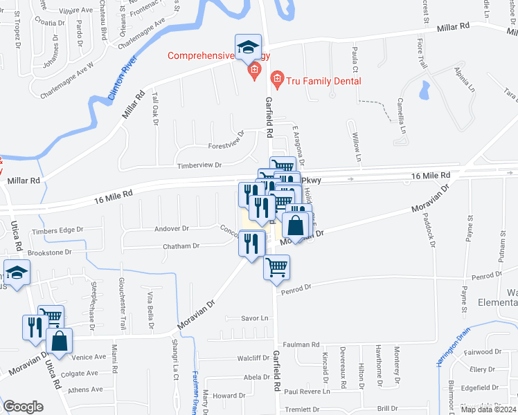 map of restaurants, bars, coffee shops, grocery stores, and more near 36901 Garfield Road in Charter Township of Clinton