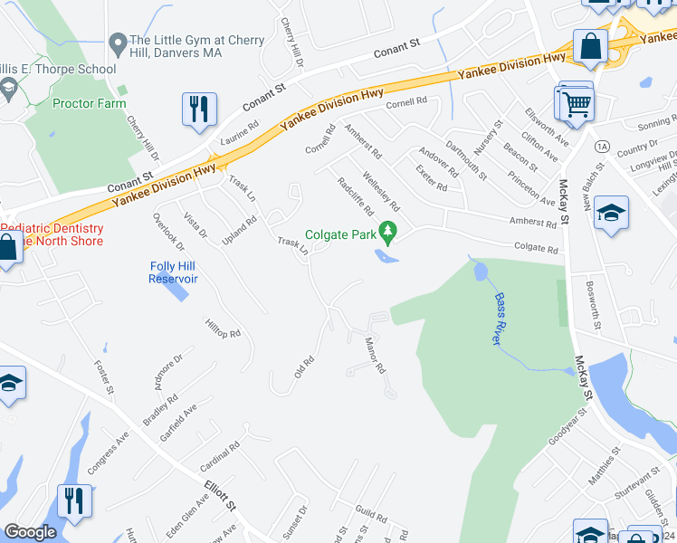 map of restaurants, bars, coffee shops, grocery stores, and more near 4 Duck Pond Road in Beverly