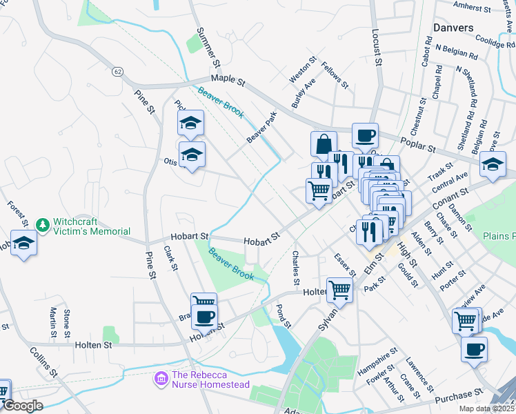 map of restaurants, bars, coffee shops, grocery stores, and more near 35 Pickering Street in Danvers