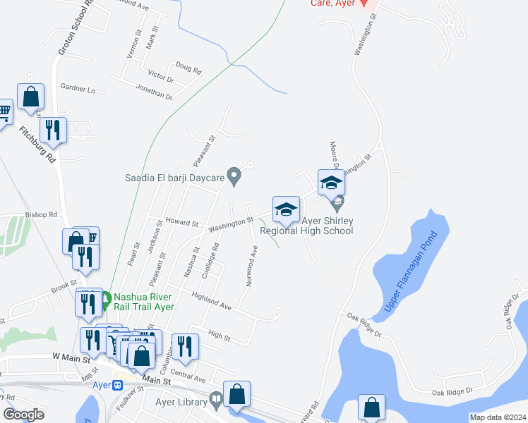 map of restaurants, bars, coffee shops, grocery stores, and more near 112 Washington Street in Ayer