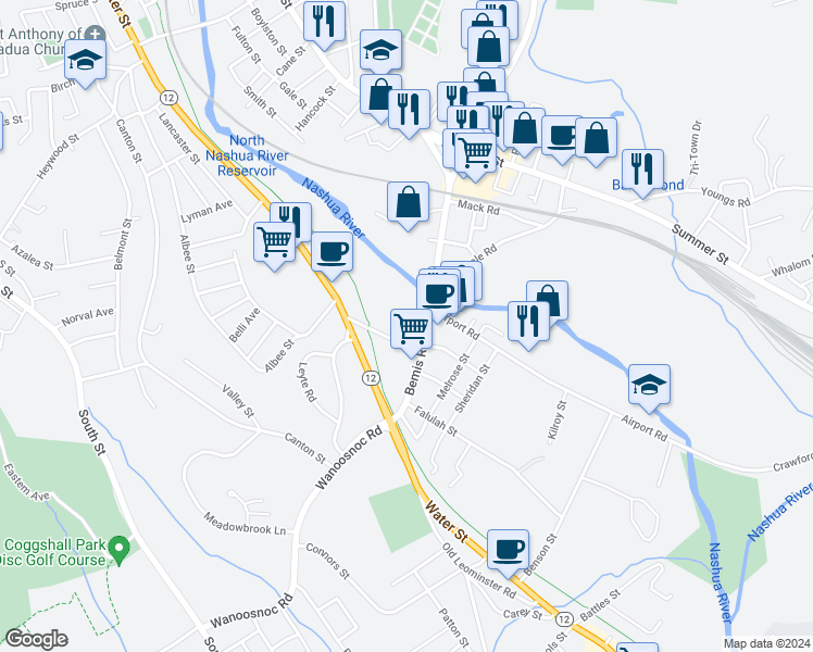map of restaurants, bars, coffee shops, grocery stores, and more near 116 Bemis Road in Fitchburg