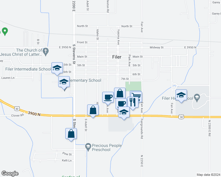 map of restaurants, bars, coffee shops, grocery stores, and more near 705 Union Avenue in Filer