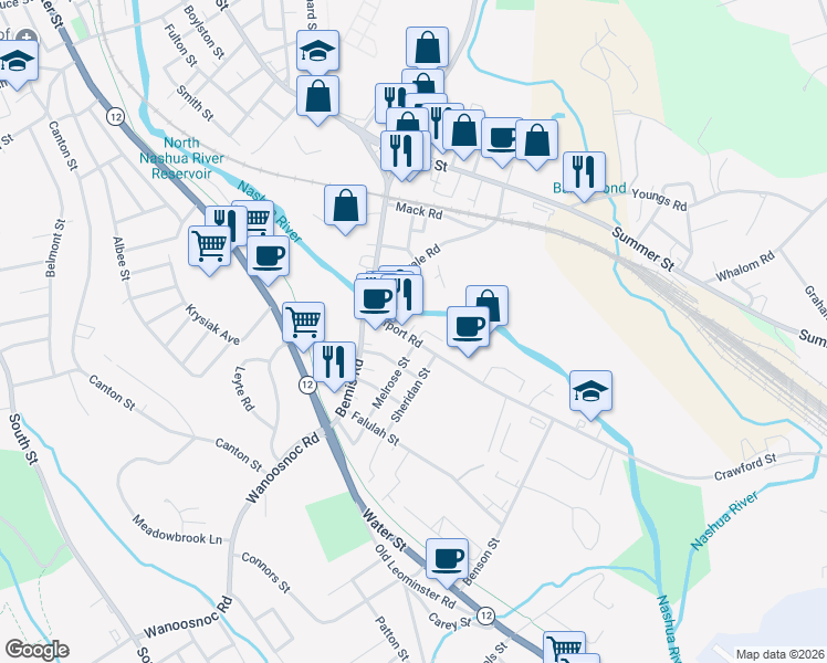 map of restaurants, bars, coffee shops, grocery stores, and more near 6 Newport Street in Fitchburg