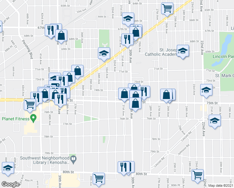 map of restaurants, bars, coffee shops, grocery stores, and more near 7409 32nd Avenue in Kenosha