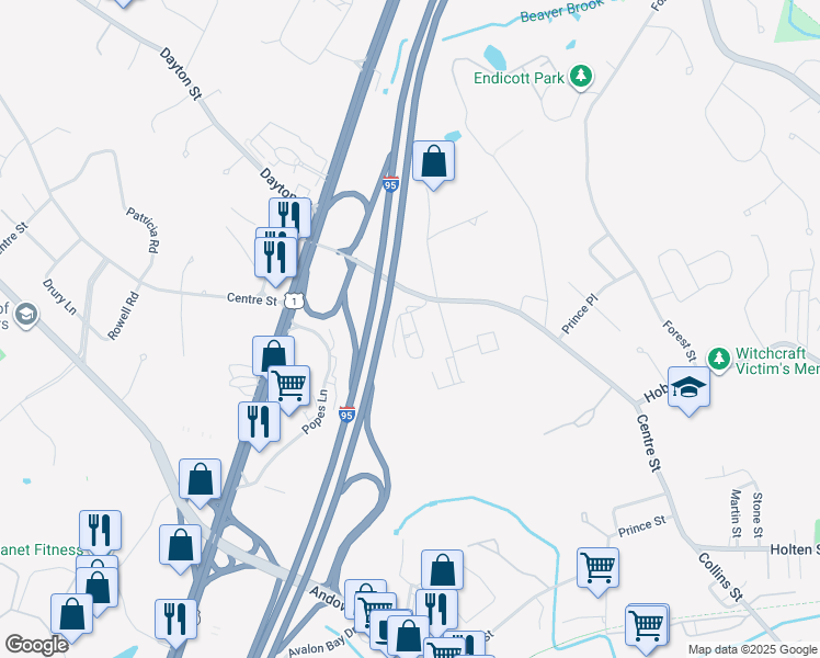 map of restaurants, bars, coffee shops, grocery stores, and more near 130 Centre Street in Danvers