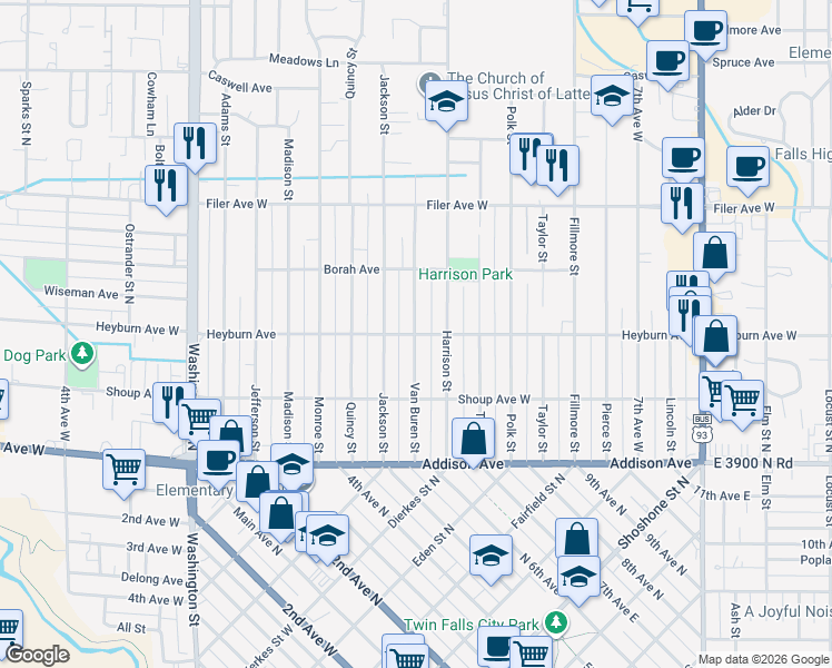 map of restaurants, bars, coffee shops, grocery stores, and more near 498 Heyburn Avenue in Twin Falls