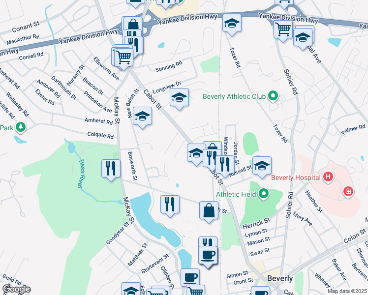 map of restaurants, bars, coffee shops, grocery stores, and more near 8 Auburn Road in Beverly