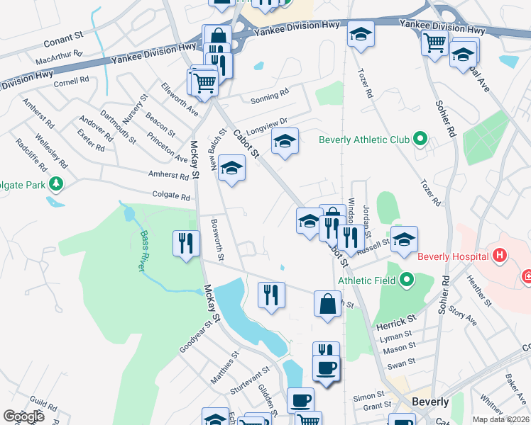map of restaurants, bars, coffee shops, grocery stores, and more near 15 Columbia Road in Beverly