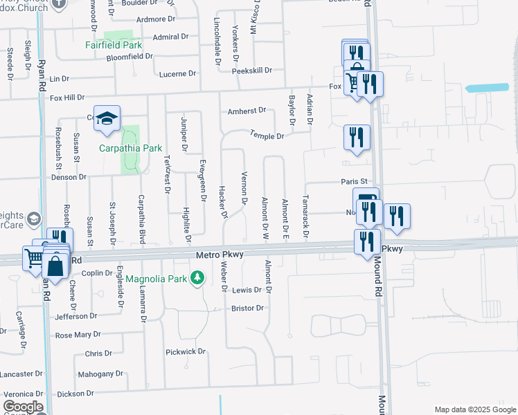 map of restaurants, bars, coffee shops, grocery stores, and more near 37143 Almont Drive West in Sterling Heights