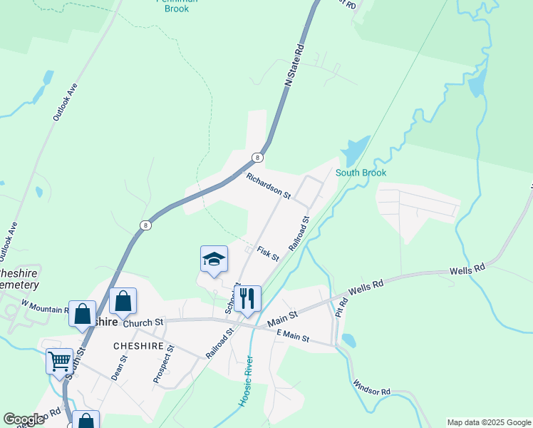 map of restaurants, bars, coffee shops, grocery stores, and more near 185 School Street in Cheshire