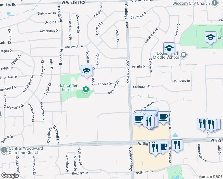 map of restaurants, bars, coffee shops, grocery stores, and more near 2106 Babcock Drive in Troy