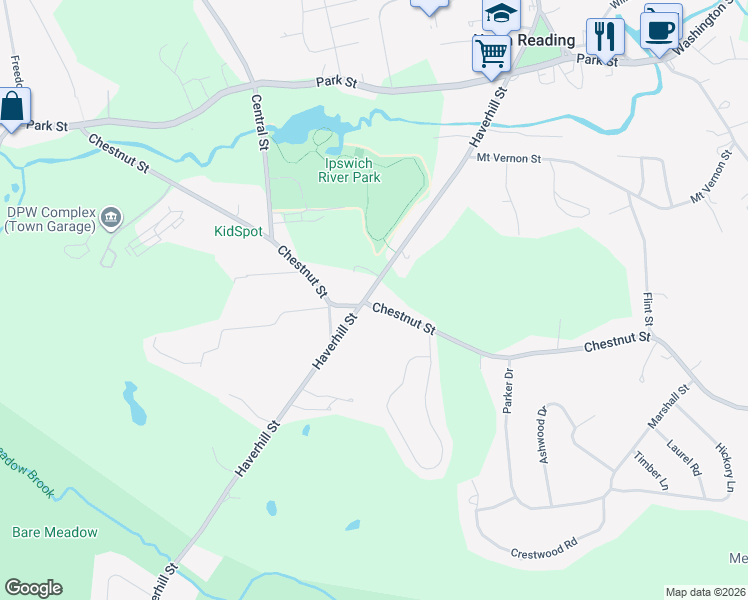 map of restaurants, bars, coffee shops, grocery stores, and more near 115 Chestnut Street in North Reading