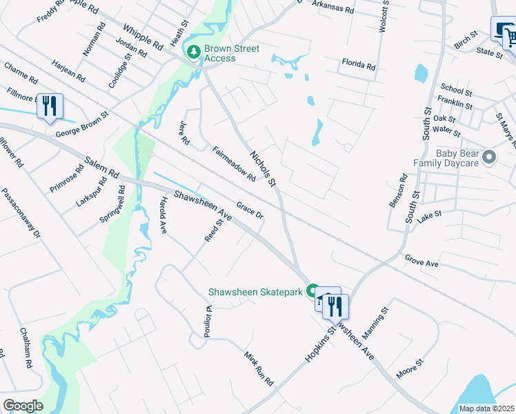 map of restaurants, bars, coffee shops, grocery stores, and more near 13 Grace Drive in Wilmington