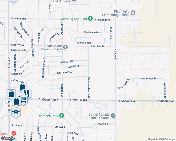 map of restaurants, bars, coffee shops, grocery stores, and more near 205 Meadowview Lane North in Twin Falls