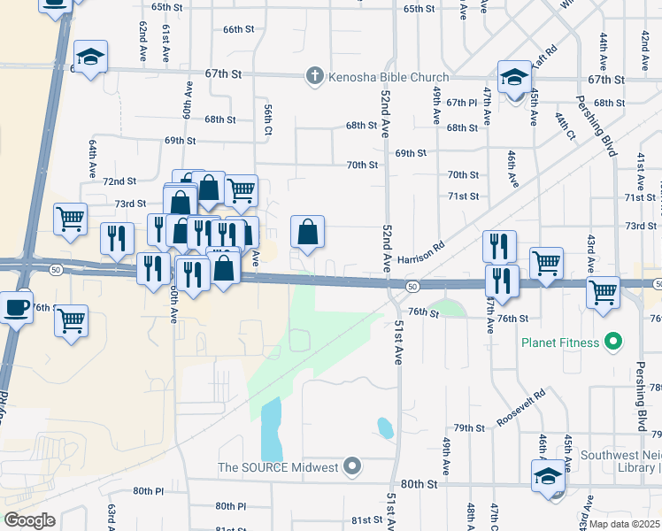 map of restaurants, bars, coffee shops, grocery stores, and more near 5402 75th Street in Kenosha