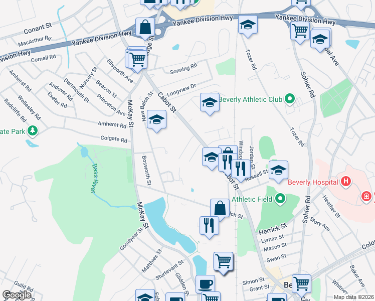 map of restaurants, bars, coffee shops, grocery stores, and more near 15 Columbia Road in Beverly
