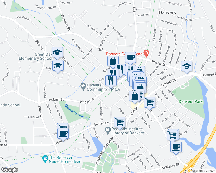 map of restaurants, bars, coffee shops, grocery stores, and more near 25 Hobart Street in Danvers