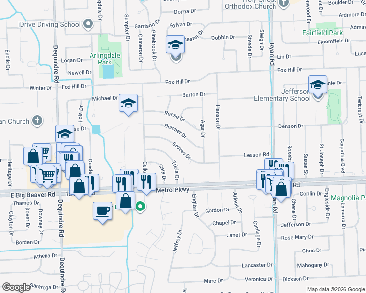 map of restaurants, bars, coffee shops, grocery stores, and more near 3068 Belcher Drive in Sterling Heights