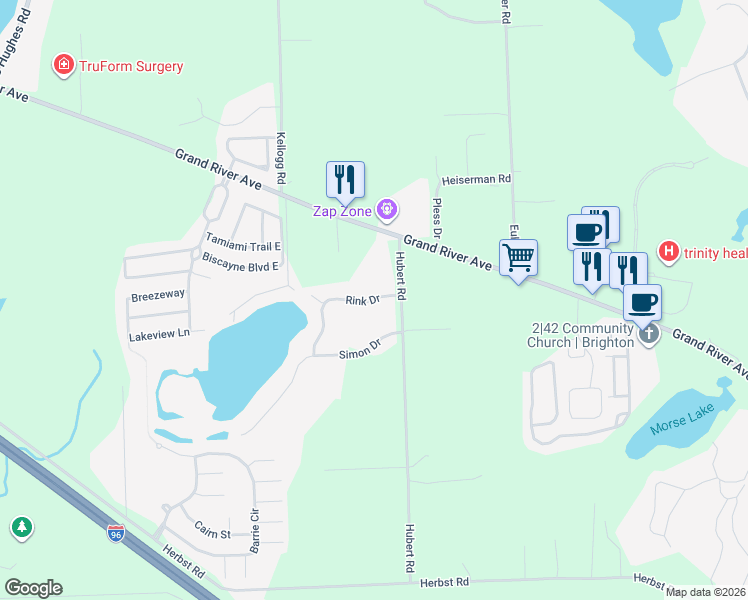map of restaurants, bars, coffee shops, grocery stores, and more near 6927 Rink Drive in Brighton
