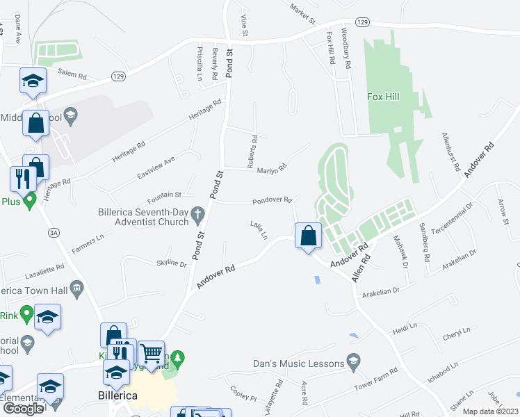 map of restaurants, bars, coffee shops, grocery stores, and more near 17 Pondover Road in Billerica