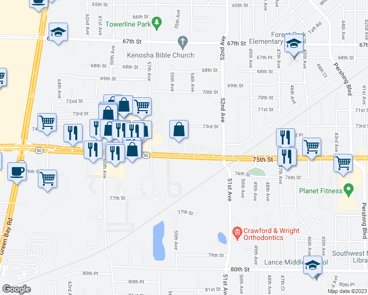 map of restaurants, bars, coffee shops, grocery stores, and more near 5402 75th Street in Kenosha