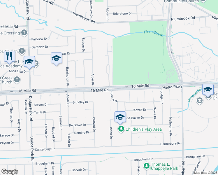map of restaurants, bars, coffee shops, grocery stores, and more near 12723 16 Mile Road in Sterling Heights