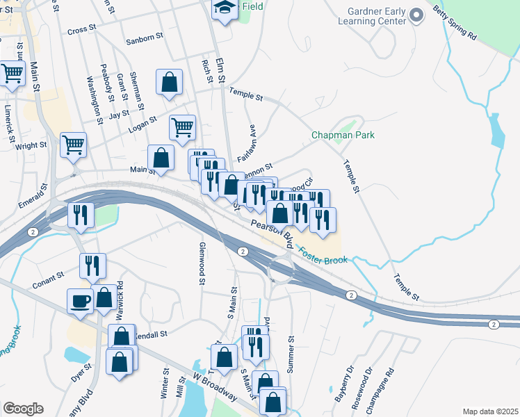 map of restaurants, bars, coffee shops, grocery stores, and more near 386 Elm Street in Gardner