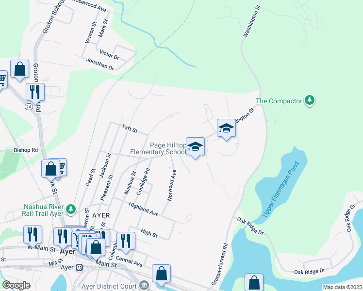 map of restaurants, bars, coffee shops, grocery stores, and more near 112 Washington St in Ayer