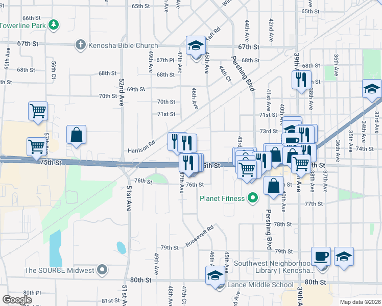 map of restaurants, bars, coffee shops, grocery stores, and more near 4609 74th Place in Kenosha