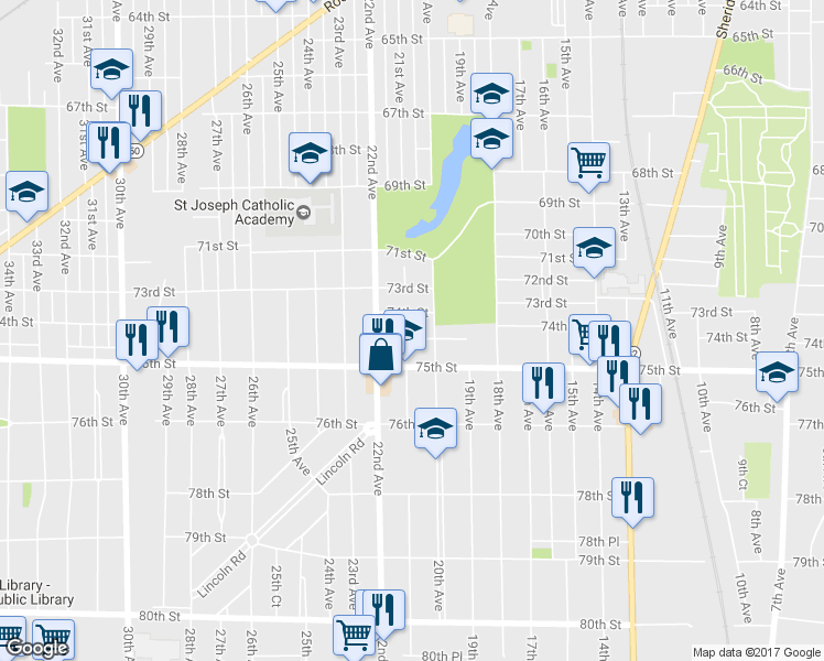 map of restaurants, bars, coffee shops, grocery stores, and more near 2022 74th Place in Kenosha