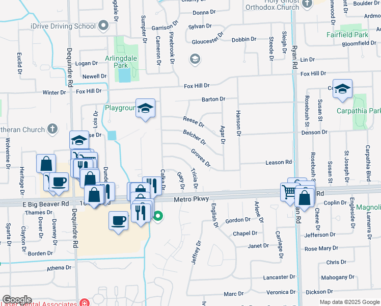map of restaurants, bars, coffee shops, grocery stores, and more near 2944 Groves Drive in Sterling Heights