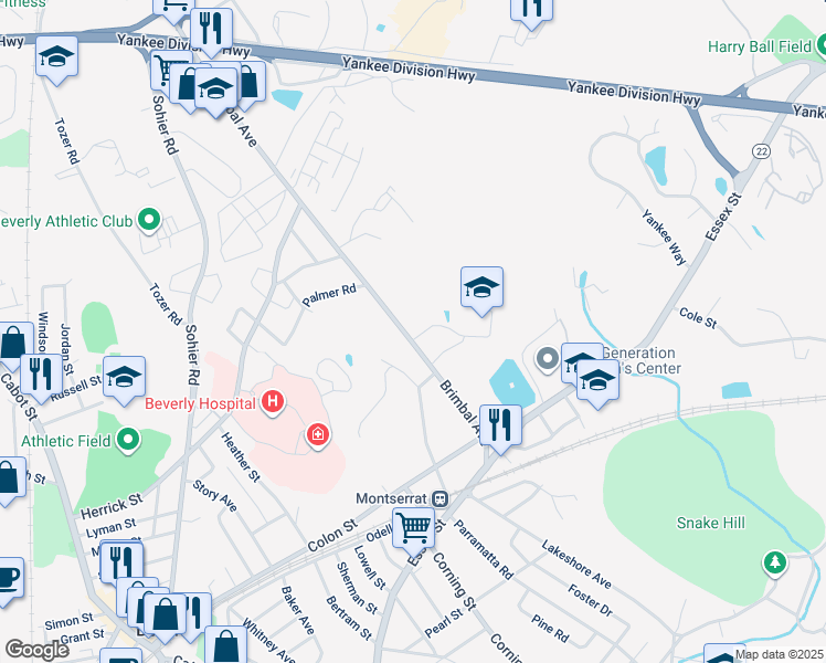 map of restaurants, bars, coffee shops, grocery stores, and more near 43 Brimbal Avenue in Beverly