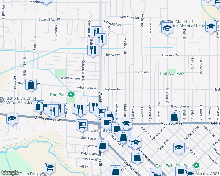 map of restaurants, bars, coffee shops, grocery stores, and more near 159 Heyburn Avenue in Twin Falls