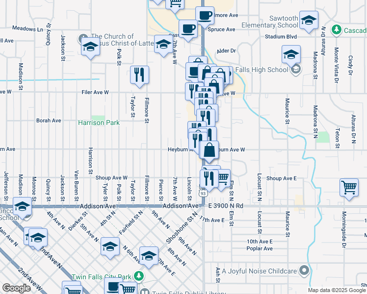 map of restaurants, bars, coffee shops, grocery stores, and more near 306 Terrace Drive in Twin Falls