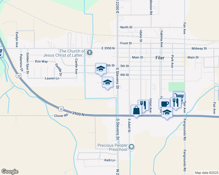 map of restaurants, bars, coffee shops, grocery stores, and more near 700 Stevens Avenue in Filer