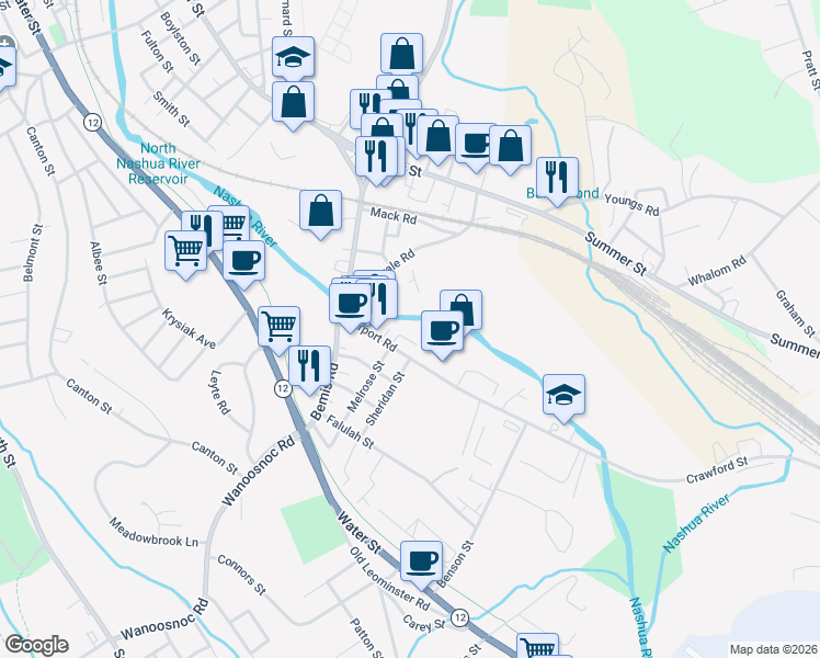 map of restaurants, bars, coffee shops, grocery stores, and more near 6 Newport Street in Fitchburg