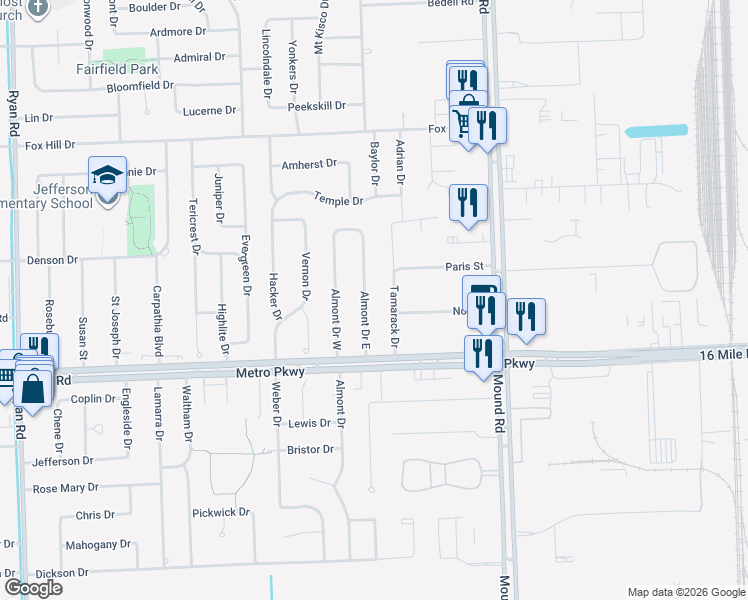map of restaurants, bars, coffee shops, grocery stores, and more near 37148 Almont Drive West in Sterling Heights