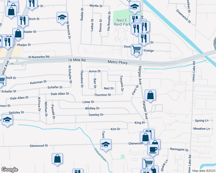map of restaurants, bars, coffee shops, grocery stores, and more near 23701 Neil Street in Macomb County