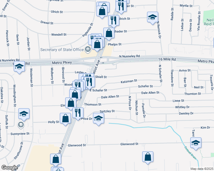 map of restaurants, bars, coffee shops, grocery stores, and more near 22510 Katzman Street in Macomb County