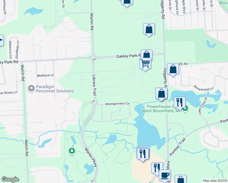 map of restaurants, bars, coffee shops, grocery stores, and more near 3144 Martin Road in Commerce Charter Township