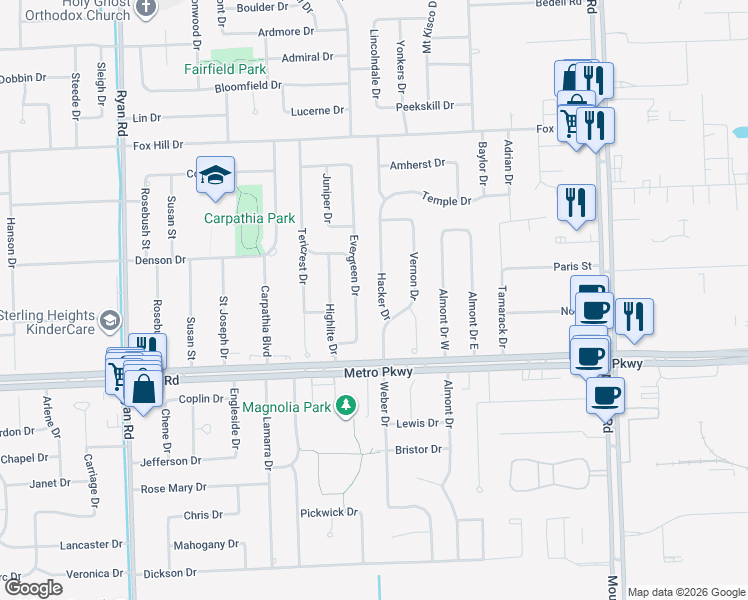 map of restaurants, bars, coffee shops, grocery stores, and more near 37237 Hacker Drive in Sterling Heights