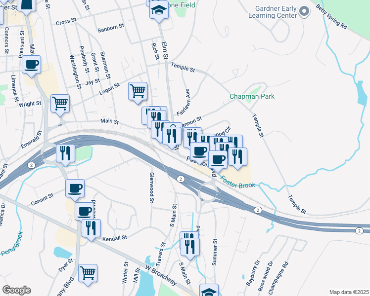 map of restaurants, bars, coffee shops, grocery stores, and more near 386 Elm Street in Gardner