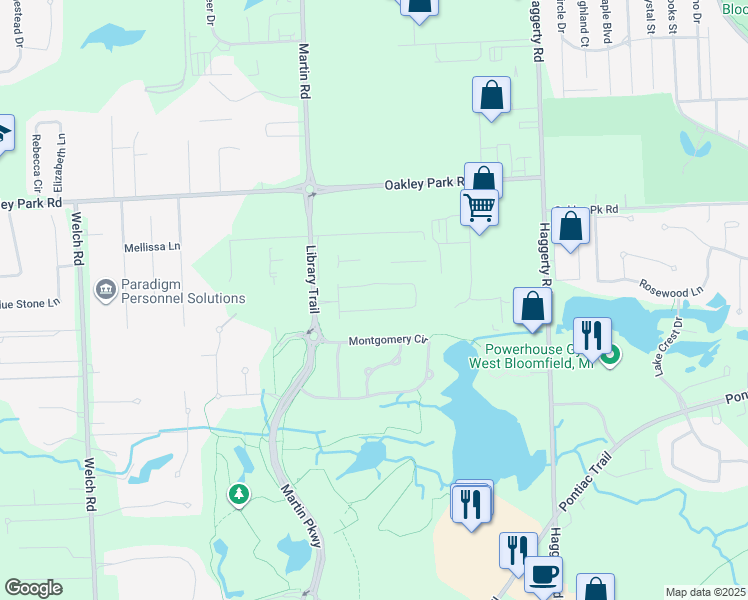map of restaurants, bars, coffee shops, grocery stores, and more near 3144 Martin Road in Commerce Charter Township