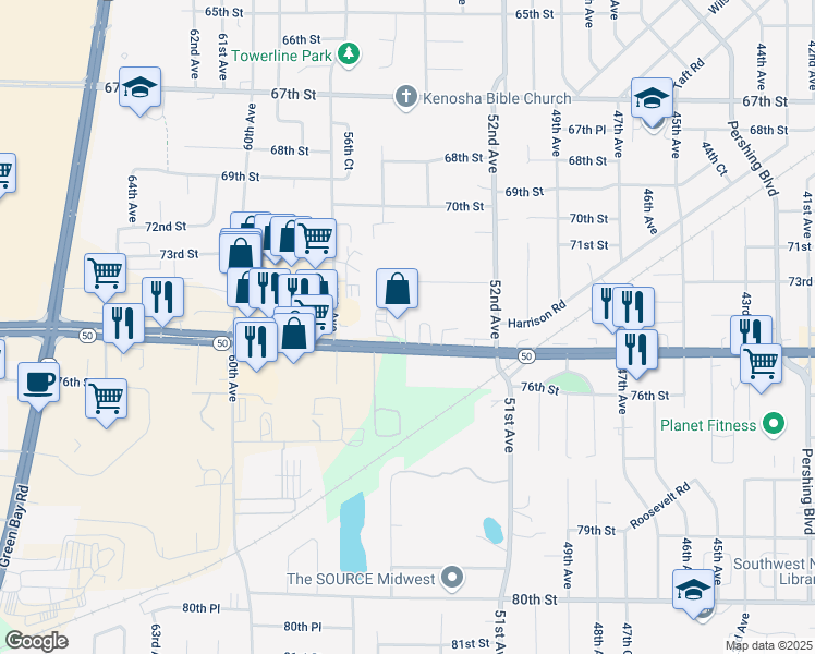 map of restaurants, bars, coffee shops, grocery stores, and more near 5402 75th Street in Kenosha