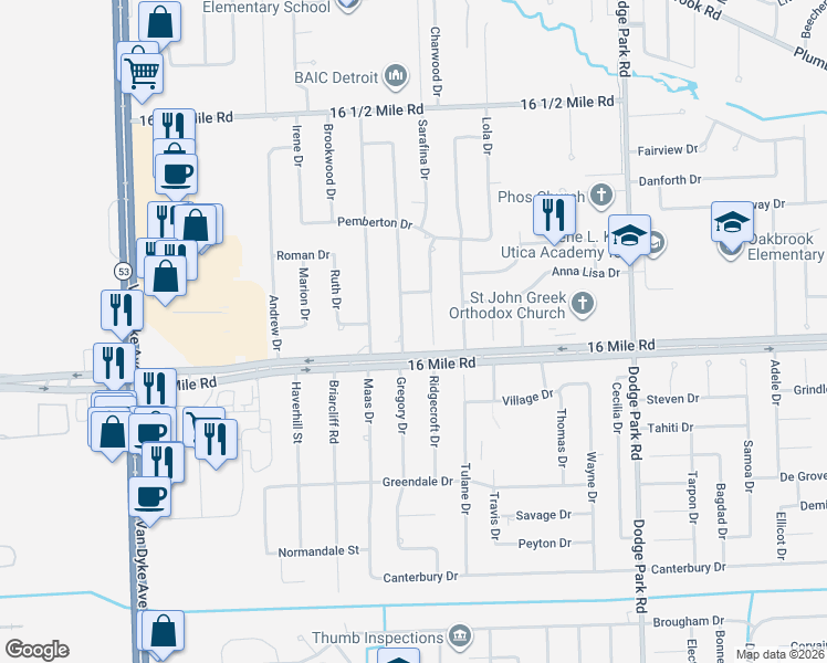 map of restaurants, bars, coffee shops, grocery stores, and more near 37052 Gregory Drive in Sterling Heights